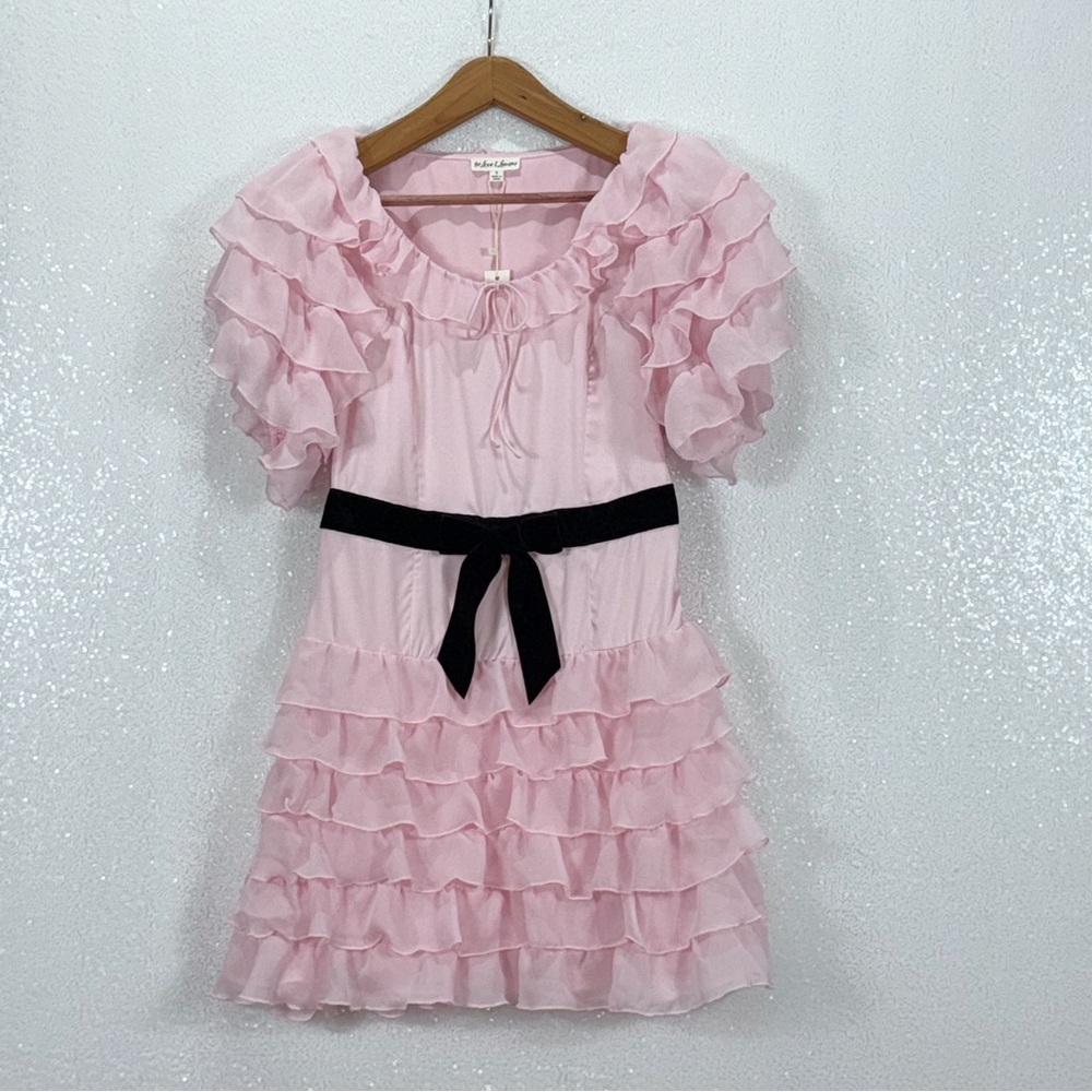 For Love & Lemons Danali Ruffle Pink Ruffle Mini Dress with Black bow - Picture 2 of 16